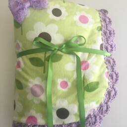 Daisy Flower Minky Sherpa Baby Blanket - Green With Pink Lavender & White Daisies Crochet Trim - thumbnail 2