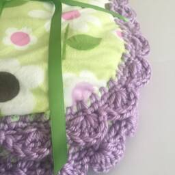 Daisy Flower Minky Sherpa Baby Blanket - Green With Pink Lavender & White Daisies Crochet Trim - thumbnail 3