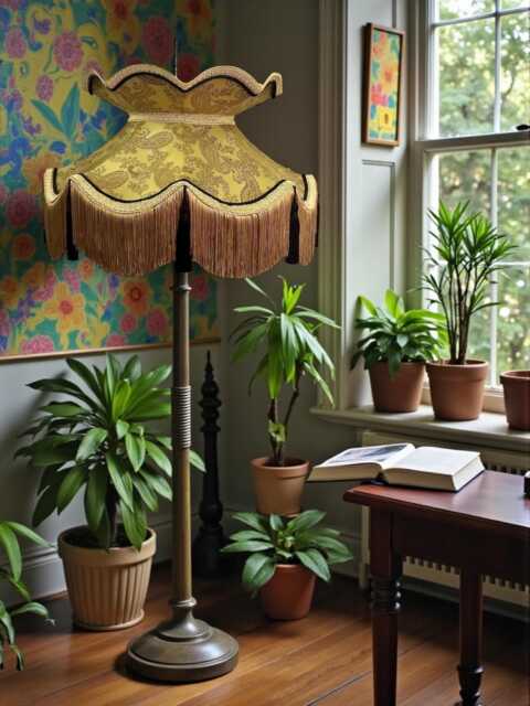 Gold Paisley Fabric Lampshade With Antique Fringe, Handmade For Table & Floor Standard Lamp Shades, Ceiling Lights - image 1
