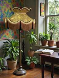 Gold Paisley Fabric Lampshade With Antique Fringe, Handmade For Table & Floor Standard Lamp Shades, Ceiling Lights - thumbnail 1
