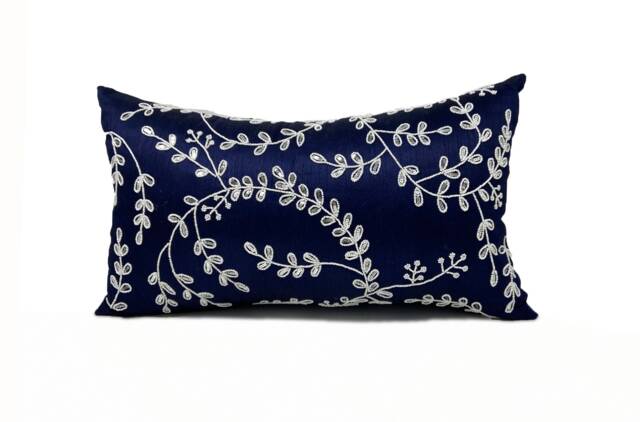 Navy Blue Throw Pillows Bead Sequin, Leaves Pillow -Silk Pillow, Cushion Cover Zipper, All Sizes, White Sequin Gifts - image 1