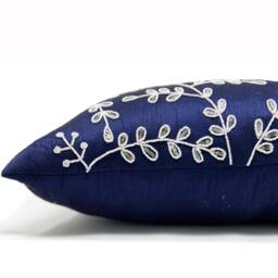 Navy Blue Throw Pillows Bead Sequin, Leaves Pillow -Silk Pillow, Cushion Cover Zipper, All Sizes, White Sequin Gifts - thumbnail 2