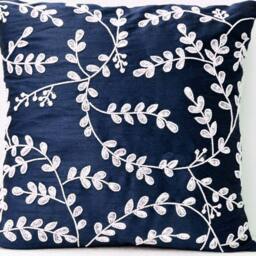 Navy Blue Throw Pillows Bead Sequin, Leaves Pillow -Silk Pillow, Cushion Cover Zipper, All Sizes, White Sequin Gifts - thumbnail 3