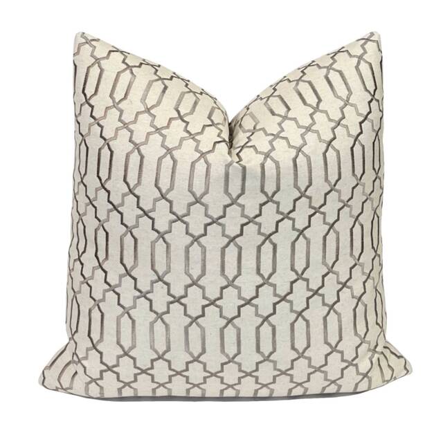 Embroidered Trellis Pillow Cover Gray Geometric Lattice, 20x20 Designer Cushion - image 1
