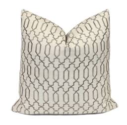 Embroidered Trellis Pillow Cover Gray Geometric Lattice, 20x20 Designer Cushion - thumbnail 1