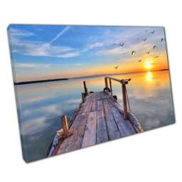 Tranquil Lakeside Pier Sunset Canvas Birds in Flight Wall Art For Home & Office Decor - thumbnail 1