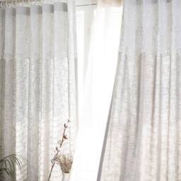 Pair Beautiful Linen Curtains French Drapes With Lace Valance Wedding Burlap Beige Curtain Panels - thumbnail 2