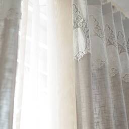 Pair Beautiful Linen Curtains French Drapes With Lace Valance Wedding Burlap Beige Curtain Panels - thumbnail 3