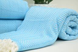 Turkish Blanket, Blanket Rug, Beach Towel, King Size Bed Cover, 79x90 Herringbone Turquoise Blankets Bct-Arrw-Pk - thumbnail 1