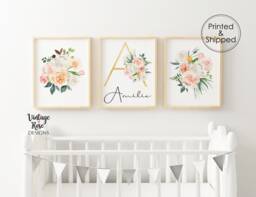 Set Of 3 Nursery Prints, {Digital Printables} Personalised Gold Initial, Watercolour Flowers, Pink Girls Room Wall Art, Decor - thumbnail 1