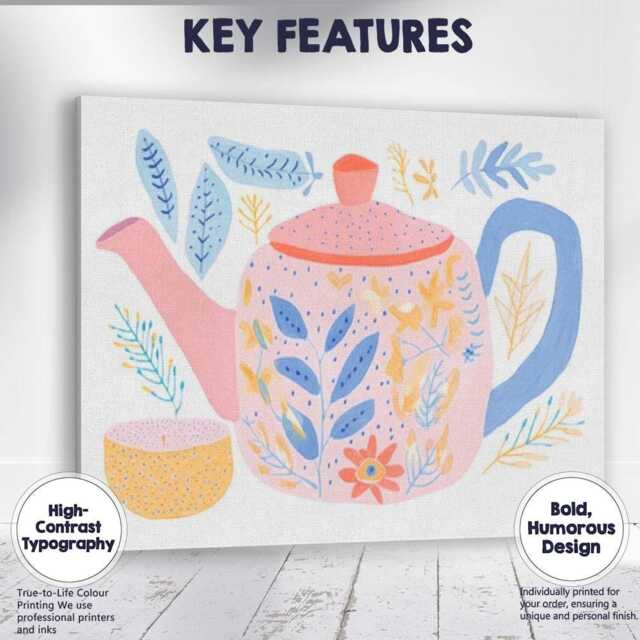 Scandinavian Floral Teapot & Tea Cup Watercolour Illustration Canvas Wall Art Print Decor Picture Ready To Hang - image 1