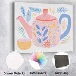Scandinavian Floral Teapot & Tea Cup Watercolour Illustration Canvas Wall Art Print Decor Picture Ready To Hang - thumbnail 2