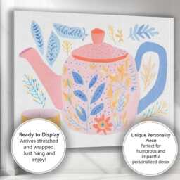 Scandinavian Floral Teapot & Tea Cup Watercolour Illustration Canvas Wall Art Print Decor Picture Ready To Hang - thumbnail 3