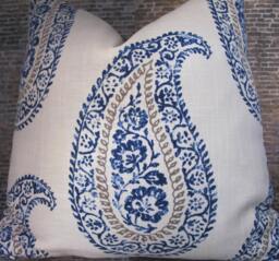 Designer Pillow Cover, Kravet Madira, Block Print, Paisley, Indigo - thumbnail 1
