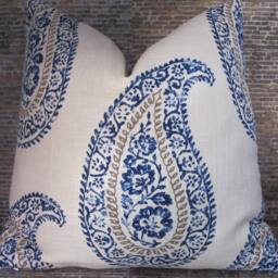 Designer Pillow Cover, Kravet Madira, Block Print, Paisley, Indigo - thumbnail 2