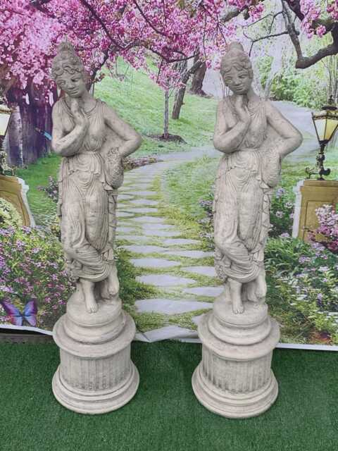 Stone Garden Large Pair Of Greek Lady Statues On Matching Plinth Ornaments - image 1