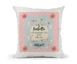 Personalised Baby Girl Cream Cushion. Girls Christening Gift, Keepsake Gift, Bedroom Decor..pink & Blue Vintage. Bunnies & Banners - thumbnail 1