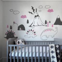 Children's Wall Decals, Nursery Decal Sticker-Dinosaurs, Trees, Mountains, Clouds-Dino Decor, Art, Decal, Kids Room-Dk376 - thumbnail 3