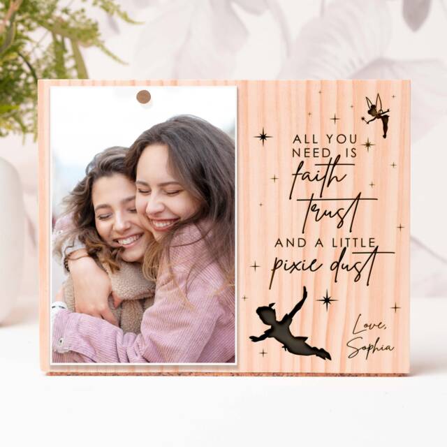Tinckerbell Frame With Photo, Wood Engraved Gift, Gift For Friend, Best Friend Birthday, Minimalist Pic, Faith, Trust, Pixie Dus, Peter Pan - image 1