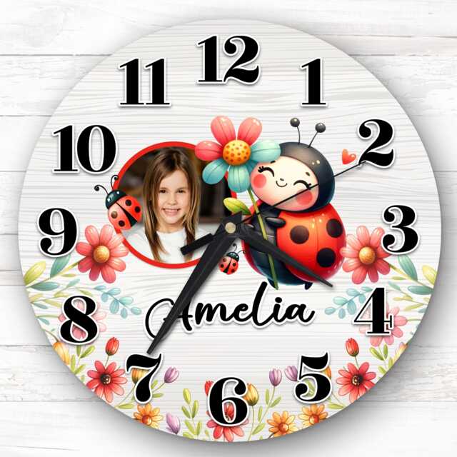 Floral Ladybugs Ladybird Photo Personalised Gift For Kid's Bedroom Clock - Kids Clock, Children's , Custom Wall - image 1