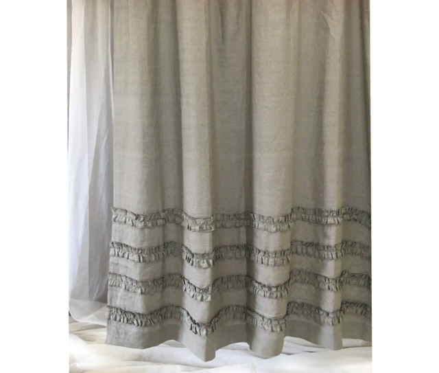 Medium Grey Linen Shower Curtains With 4 Rows Of Ruffles, Dress Up Your Tub - image 1