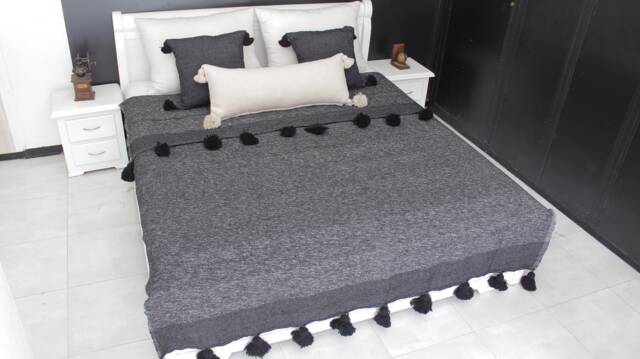 Moroccan Black & White Pom Throw Blanket With Tassels - Duvet Cover Made Of Hand Woven Cotton Sofa Couch Bed End - image 1