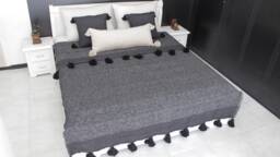 Moroccan Black & White Pom Throw Blanket With Tassels - Duvet Cover Made Of Hand Woven Cotton Sofa Couch Bed End - thumbnail 1