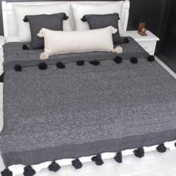 Moroccan Black & White Pom Throw Blanket With Tassels - Duvet Cover Made Of Hand Woven Cotton Sofa Couch Bed End - thumbnail 3