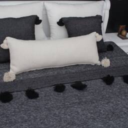 Moroccan Black & White Pom Throw Blanket With Tassels - Duvet Cover Made Of Hand Woven Cotton Sofa Couch Bed End - thumbnail 2