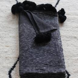 Moroccan Black & White Pom Throw Blanket With Tassels - Duvet Cover Made Of Hand Woven Cotton Sofa Couch Bed End - thumbnail 4