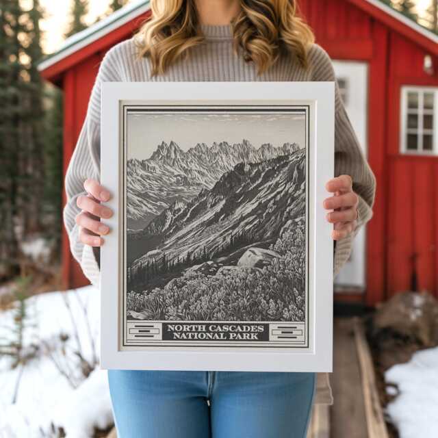 North Cascades National Park Lithograph Style Print - Vintage Washington Archival Matte Fine Art Print Gift. Thunder Creek Boats Dot Ross - image 1