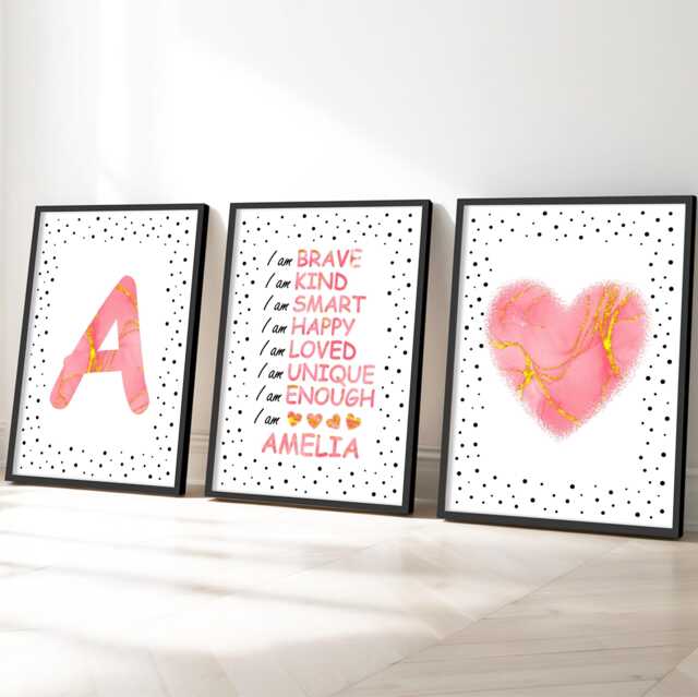 Positive Quote Girls Room Prints Pink Heart Personalised Kids Wall Art Set - image 1