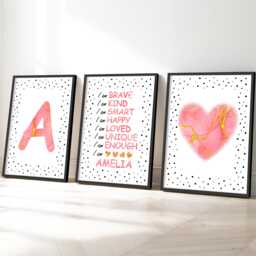 Positive Quote Girls Room Prints Pink Heart Personalised Kids Wall Art Set - thumbnail 1