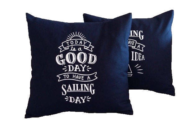 Nautical Chalkboard Pillow Embroidered Case Sailing Boat Decor Boating Gift Navy Blue Sea Side Beach House - image 1