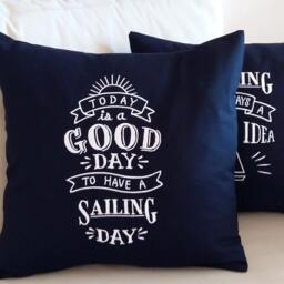 Nautical Chalkboard Pillow Embroidered Case Sailing Boat Decor Boating Gift Navy Blue Sea Side Beach House - thumbnail 3