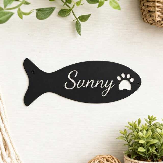 Custom Fish Shape Metal Cat Name Sign, Personalized Pet Wall Plaque With Paw Cutout, Feeding Station Decor - image 1