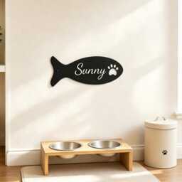 Custom Fish Shape Metal Cat Name Sign, Personalized Pet Wall Plaque With Paw Cutout, Feeding Station Decor - thumbnail 2