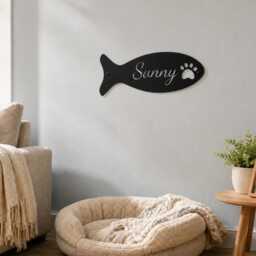 Custom Fish Shape Metal Cat Name Sign, Personalized Pet Wall Plaque With Paw Cutout, Feeding Station Decor - thumbnail 3