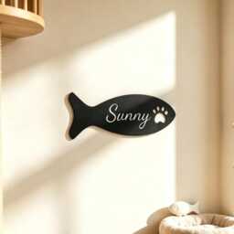 Custom Fish Shape Metal Cat Name Sign, Personalized Pet Wall Plaque With Paw Cutout, Feeding Station Decor - thumbnail 4