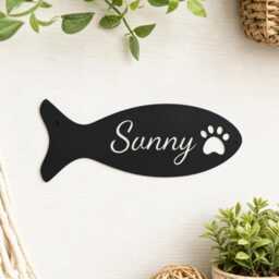 Custom Fish Shape Metal Cat Name Sign, Personalized Pet Wall Plaque With Paw Cutout, Feeding Station Decor - thumbnail 1