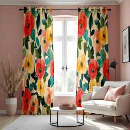 Floral Print Curtains, Vibrant Red & Yellow Poppies With Green Leaves Drapes, Bright Window Treatment For Living Room, Spring Inspired Decor - thumbnail 3