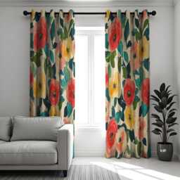 Floral Print Curtains, Vibrant Red & Yellow Poppies With Green Leaves Drapes, Bright Window Treatment For Living Room, Spring Inspired Decor - thumbnail 2