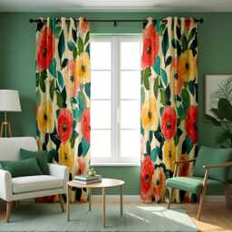 Floral Print Curtains, Vibrant Red & Yellow Poppies With Green Leaves Drapes, Bright Window Treatment For Living Room, Spring Inspired Decor