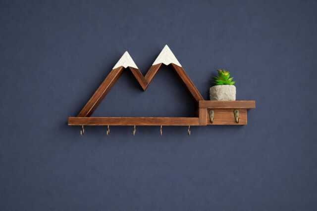 Mountain Key Holder With Shelf - Rustic Wooden Wall Rack Entryway Organizer - image 1