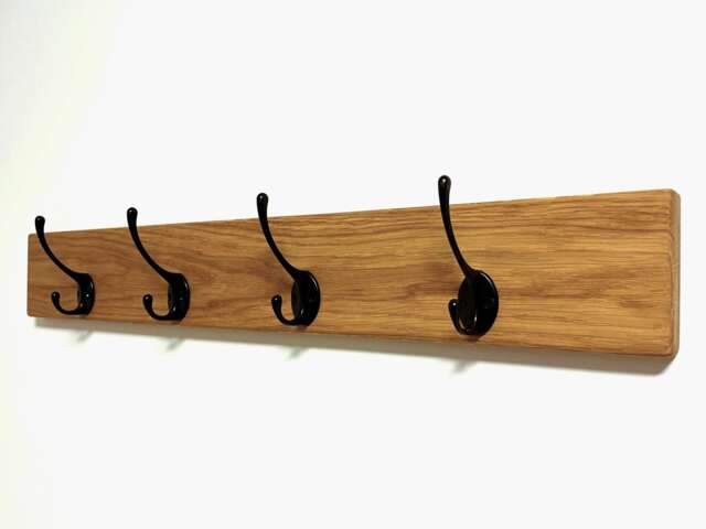 Natural Solid Oak Coat Rack, Handmade Wooden Entryway Rail With Cast Iron Hooks Black Silver, Towel Hanger, Wall Mounted Metal Retro Classic - image 1