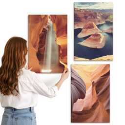 Canvas Set Of 3 - Waterfall in The Gorge Rock Formations Canyon, Orange Print On Canvas, Landscapes Wall Decor - thumbnail 1