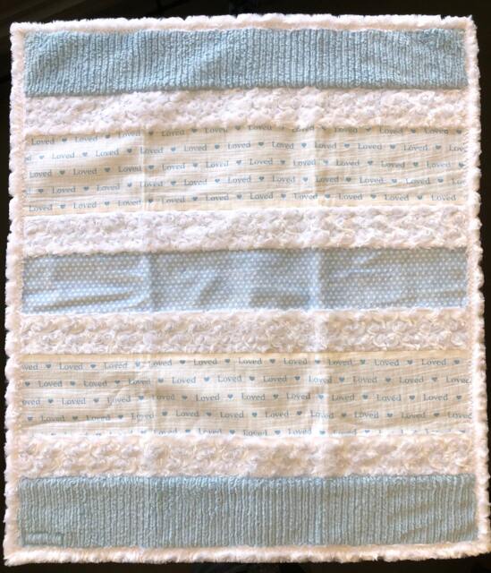 "Handmade Modern Baby Minky Blanket Light Blue ""Loved" - image 1