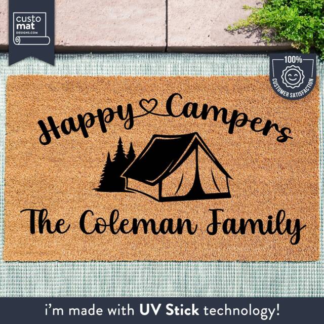 Camping Door Mat - Happy Campers Personalized Doormat Family Name Tent Travelling Camper Rug Cute Coir - image 1