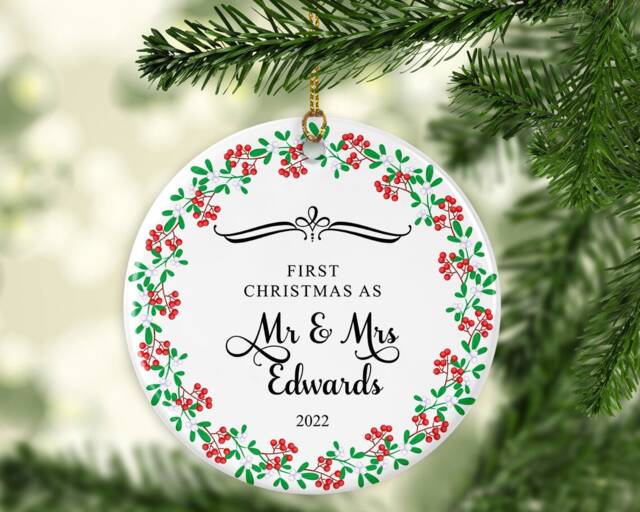 Personalised First Christmas Married Ornament Ceramic Or Mdf Acrylic Bauble Keepsake - image 1