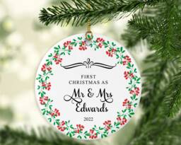 Personalised First Christmas Married Ornament Ceramic Or Mdf Acrylic Bauble Keepsake - thumbnail 1